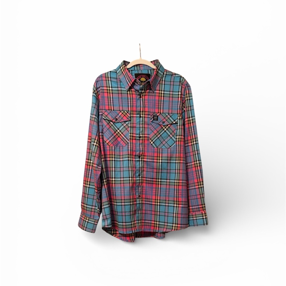 Casual Men's Plaid Button-Down Shirt in Blue and Pink